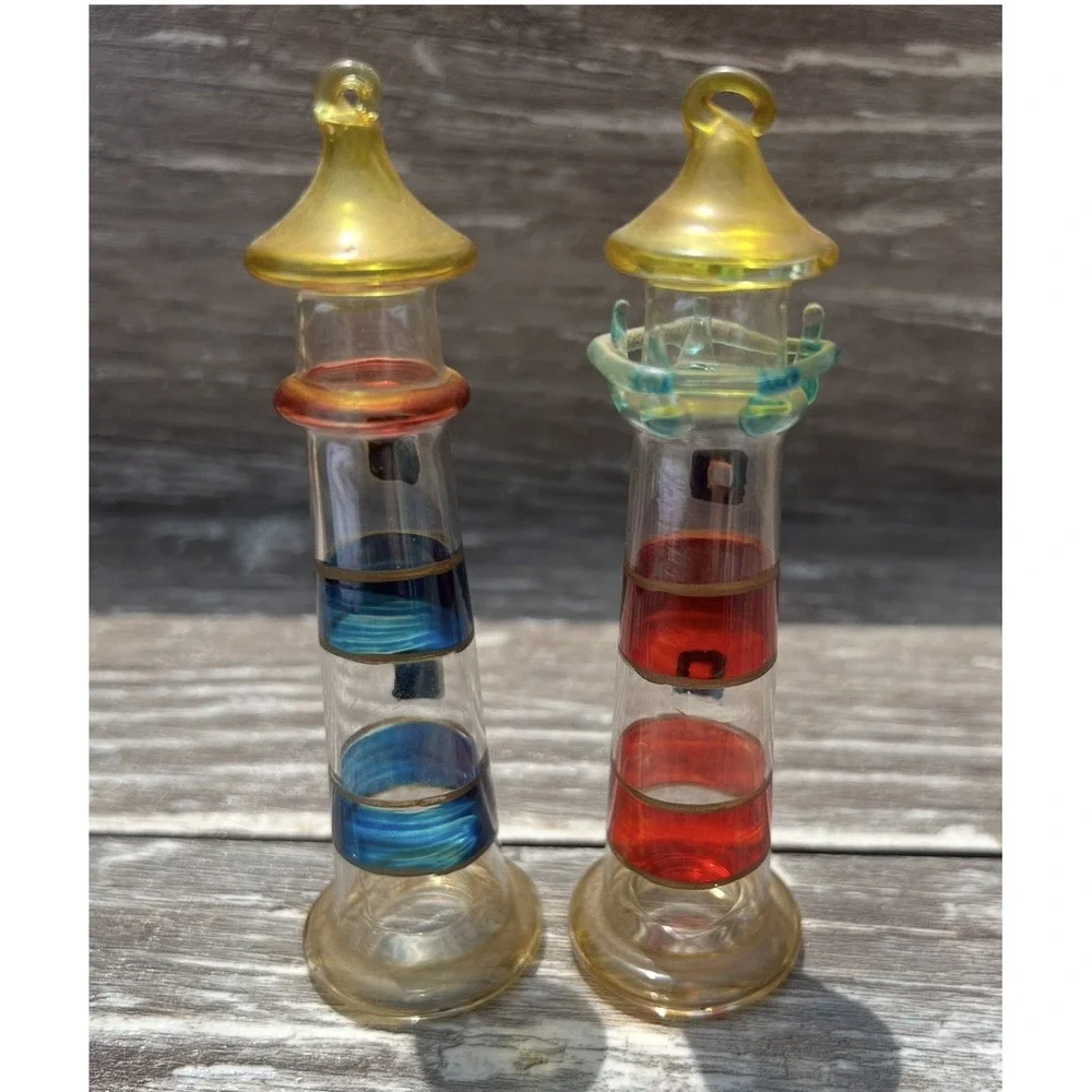 Lighthouse Ornaments Hand Blown‎ Glass Lightweight Set Of 2 Colorful  Maritime